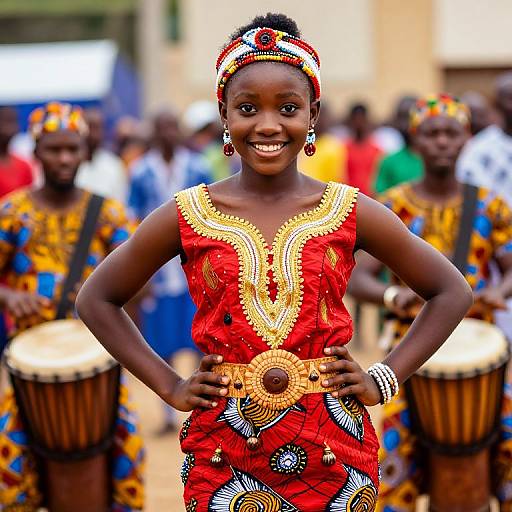 Photograph of a smiling African woman in vibrant red dress with gold embroidery and beaded belt, standing in front of drummers.