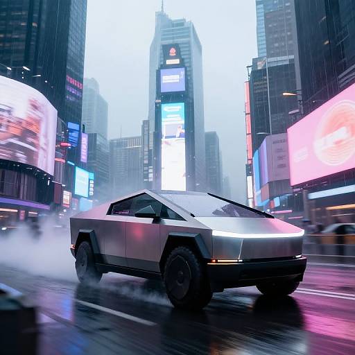 Photorealistic digital artwork of a sleek, futuristic silver car speeding through a neon-lit, rain-soaked city street at night.
