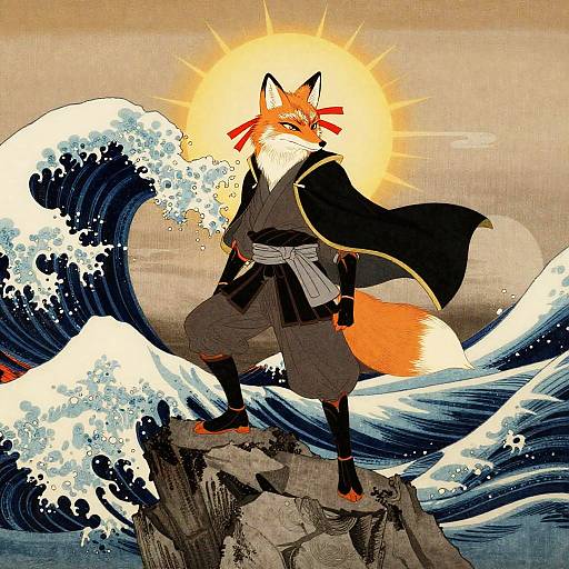 Heroic Fox Samurai on Basalt Cliff