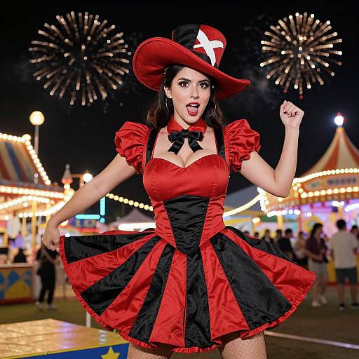 Photograph of a fair at night, featuring a woman in a red and black circus-style dress, top hat with white cross, and fireworks in the