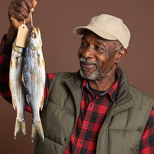 Smiling Middle-Aged Man Holding Dried Fish