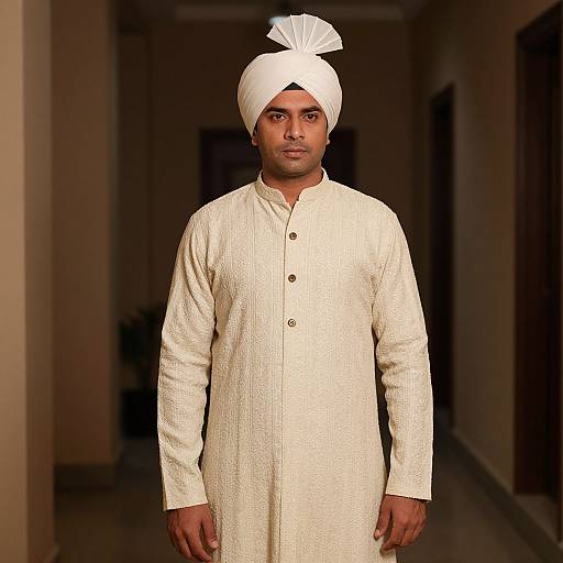 Photograph of a South Asian man with medium brown skin, wearing a white traditional long kurta and white turban, standing in a dimly lit