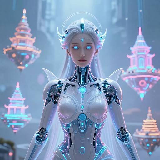 Digital artwork of a glowing, cybernetic, white-haired woman with blue eyes, neon accents, and futuristic armor, surrounded by floating, neon-l