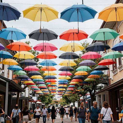 Photograph of a colorful street scene with numerous hanging umbrellas in bright blue, red, yellow, green, and orange, overhead, pedestrians walking below