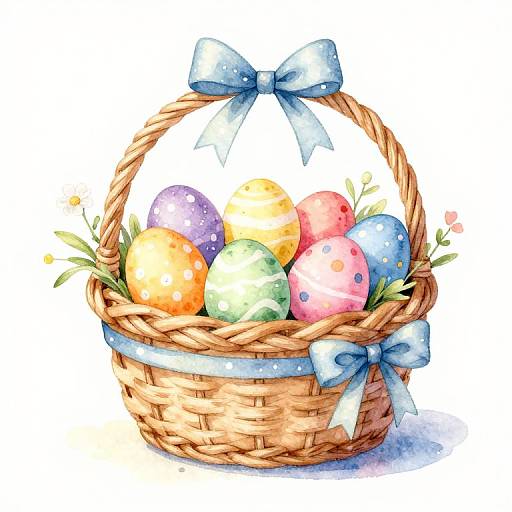 Watercolor illustration of a wicker basket with colorful Easter eggs, adorned with blue ribbons, sitting on a white background.
