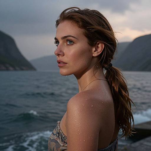 Photograph of a wet, beautiful young woman with blue eyes, wet brown hair, and patterned swimsuit, standing by a rugged seascape at
