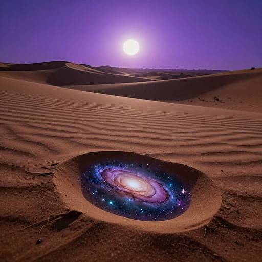 Photograph of a purple-hued desert with ripples, featuring a glowing, space-like spiral galaxy nestled in an oval sand depression under a bright,