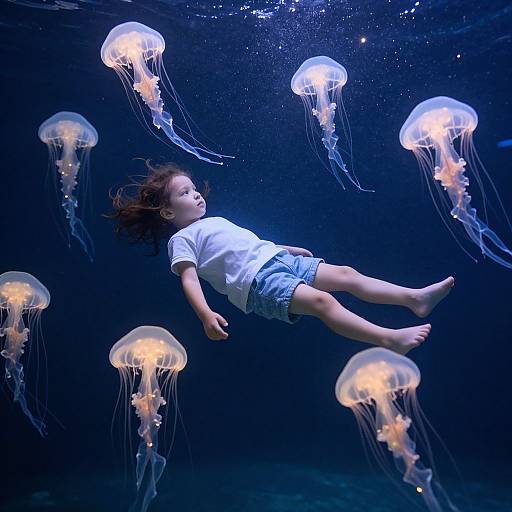 Photograph of a young child with brown hair, wearing a white shirt and denim shorts, floating underwater surrounded by glowing jellyfish.