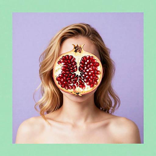 Photograph of a blonde woman with wavy hair, nude from the shoulders up, with a pomegranate slice covering her face against a light