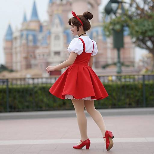 Photograph of a young woman in a red dress, white blouse, red headband, and red heels, walking in a park with a blurred,