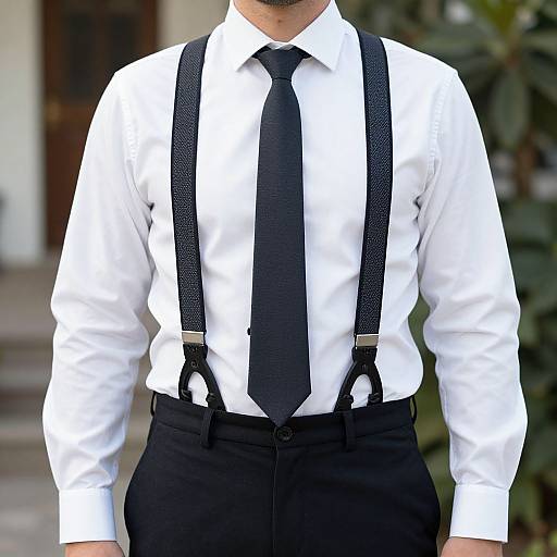 Photograph of a man from neck to waist, wearing a white shirt, black tie, black suspenders, and black pants, standing outdoors.