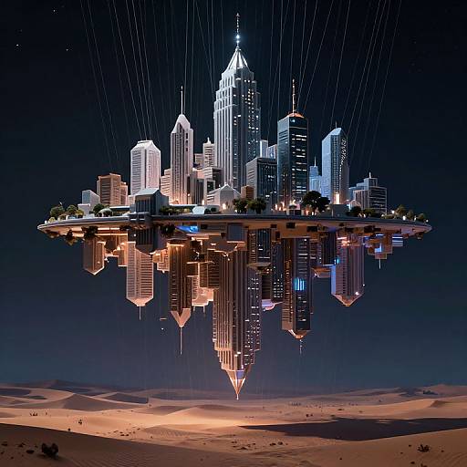 Digital artwork of a futuristic cityscape floating in the night sky, illuminated skyscrapers with neon lights, suspended by invisible cables, over a desert landscape