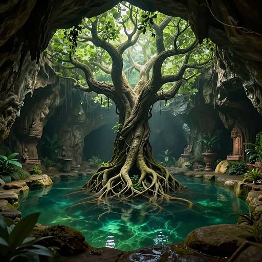 Digital artwork of a mystical forest: a massive, gnarled tree with sprawling roots stands in a glowing, turquoise pond, surrounded by lush greenery