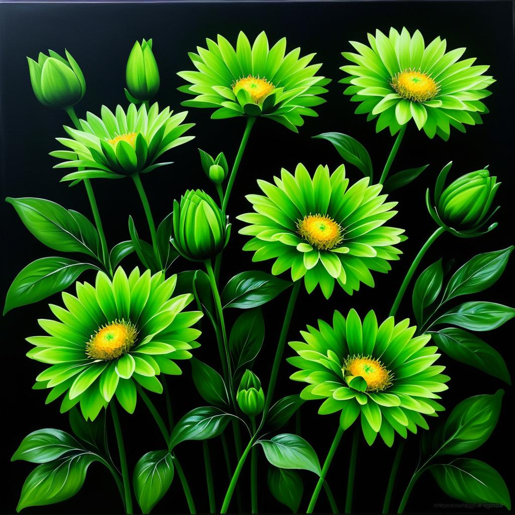 Dark Green Flowers on Black Canvas