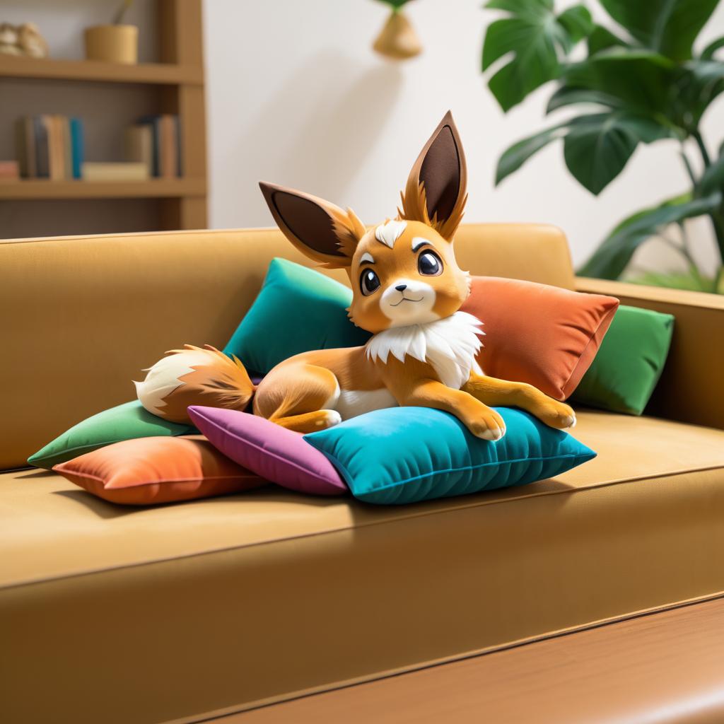 Playful Eevee Relaxing on Couch