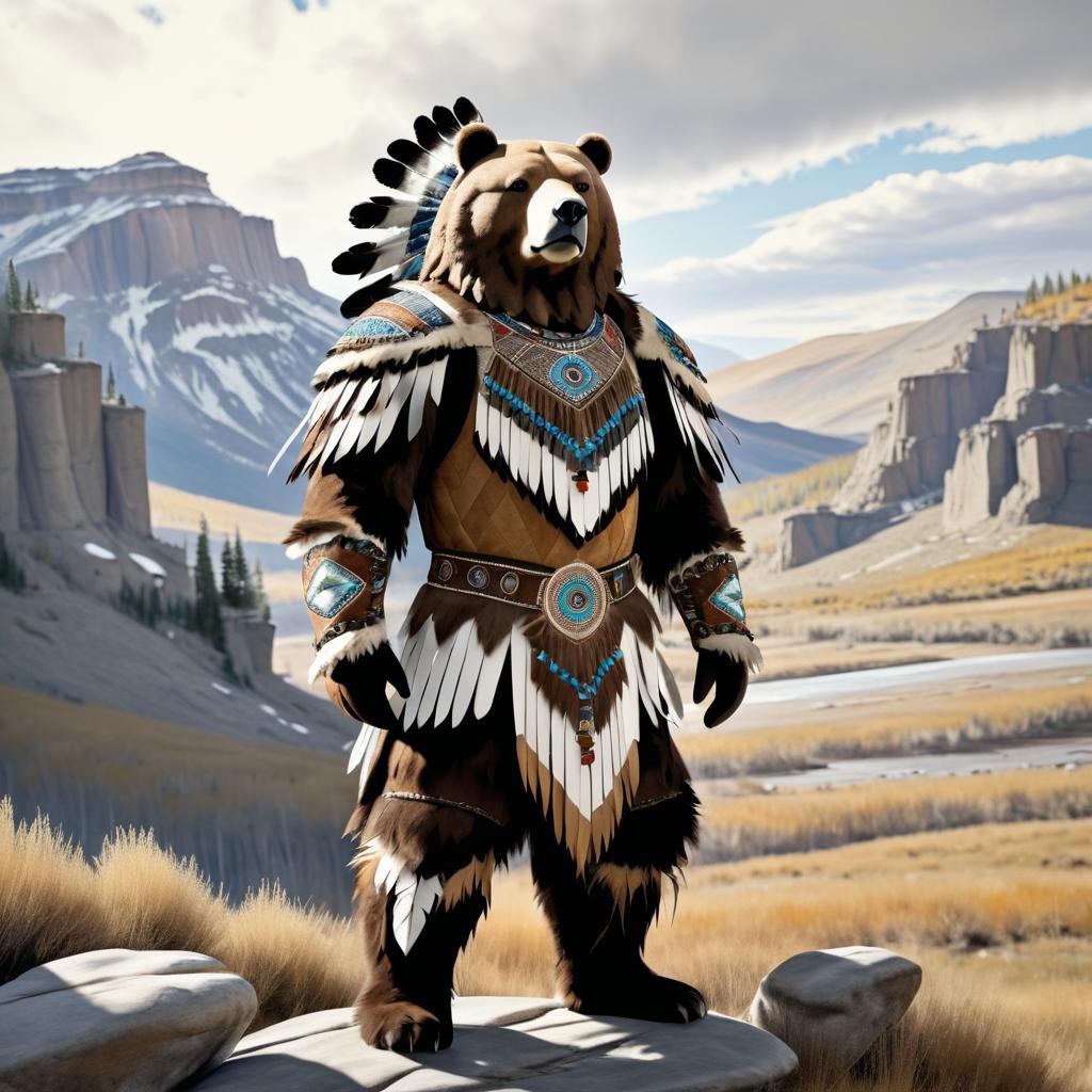 Bear in Native American Armor in Rockies