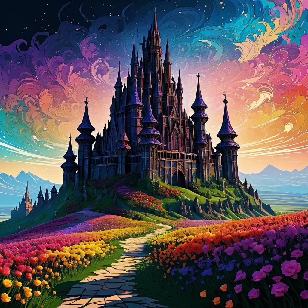 Ominous Castle Amid Colorful Plains