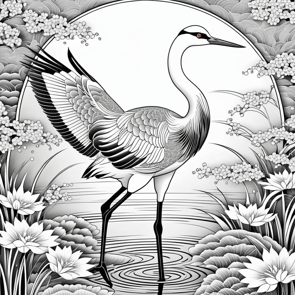 Intricate Japanese Crane Coloring Page