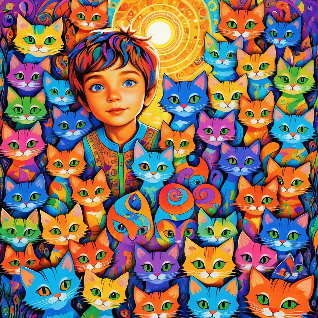 Whimsical Boy with Psychedelic Kittens