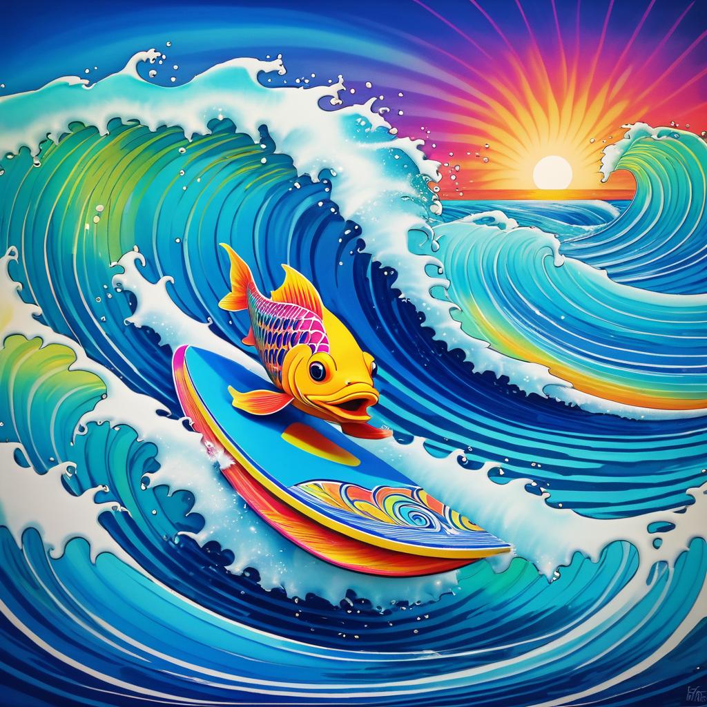 Whimsical Surfing Fish in Vibrant Waves