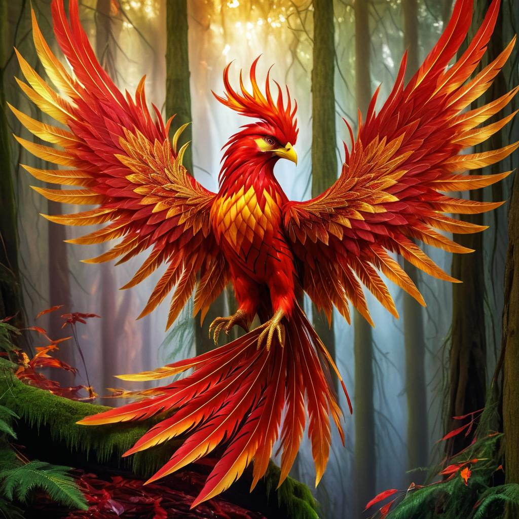 Majestic Phoenix Soaring Over Enchanted Forest