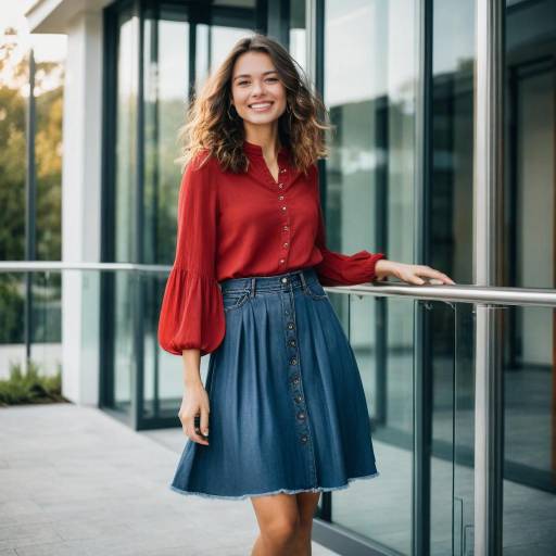 Smiling Young Woman in Red Blouse and Denim Skirt