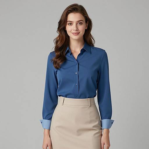 Young Woman in Blue Work Blouse and Beige Skirt