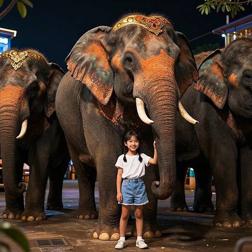 Girl Standing Among Decorated Elephants at Night