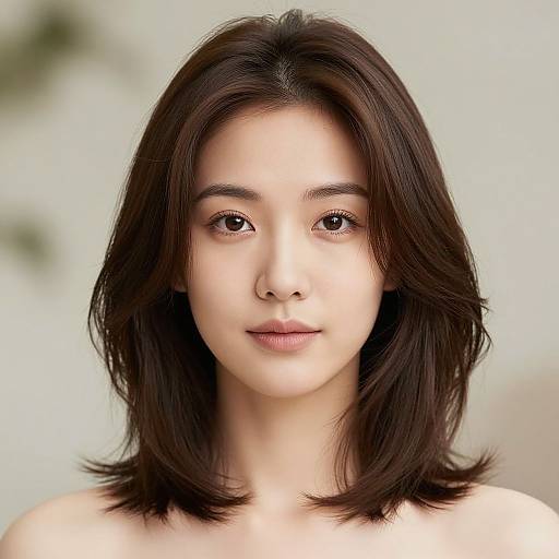Photograph of a young Asian woman with straight, shoulder-length black hair, fair skin, and brown eyes, looking directly at the camera with a neutral
