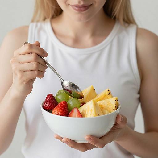 Bright Fruit Feast with Blonde Woman