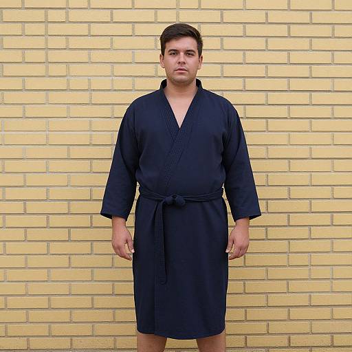 Plus Size Man in Navy Robe Against Yellow Brick Wall