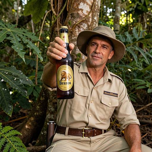 Photograph of a middle-aged man in a khaki ranger uniform and hat, holding a beer bottle labeled 