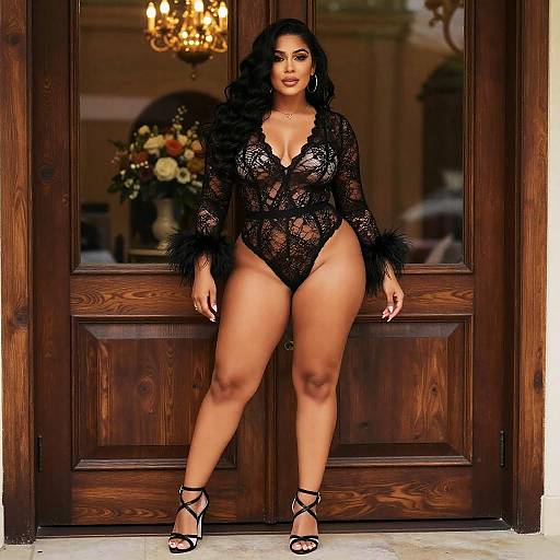 Photograph of a curvy black woman with long wavy hair, wearing a black lace bodysuit with fur sleeves and high heels, standing confidently