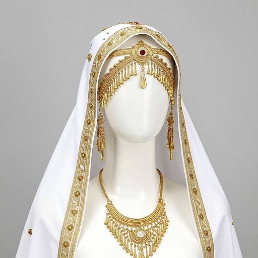 Photograph of a white mannequin wearing an ornate, gold-embroidered white veil, gold headpiece, and elaborate gold necklace,