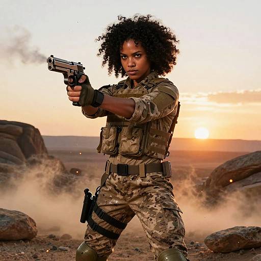 Woman Soldier in Urban Desert Camo Tactical Suit Firing Pistol