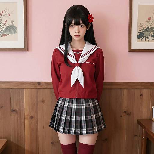 Young Woman in Red Sailor Outfit with Plaid Skirt