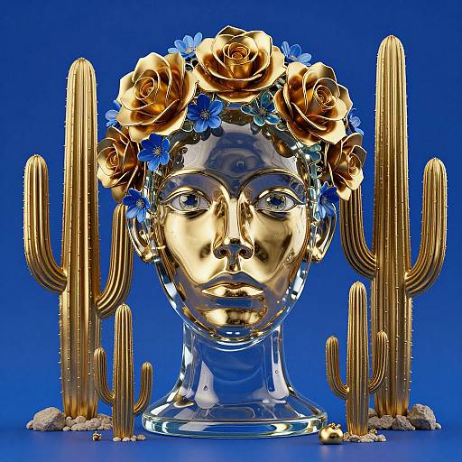 Golden, reflective face with rose and blue flower crown, surrounded by tall, gold cacti, against a vibrant blue background. Photorealistic CGI