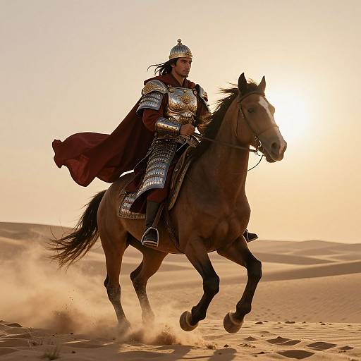 Photograph of a warrior in silver armor and helmet, riding a galloping horse through a sandy desert at sunset.