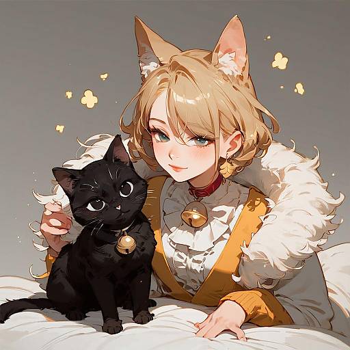 Anime Girl with Cat Ears and Black Cat