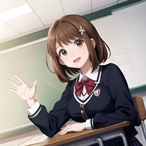 Anime Schoolgirl Waving in Classroom