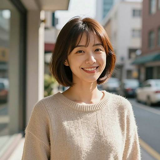 Smiling Asian Woman by Urban Window