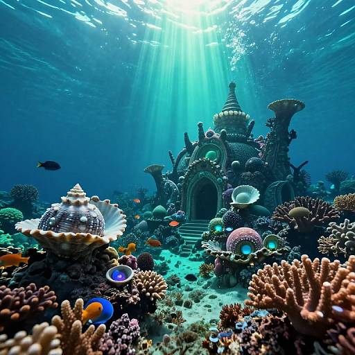 Underwater photograph of a whimsical, coral-covered castle with sunbeams filtering through the water, surrounded by colorful corals and marine life.