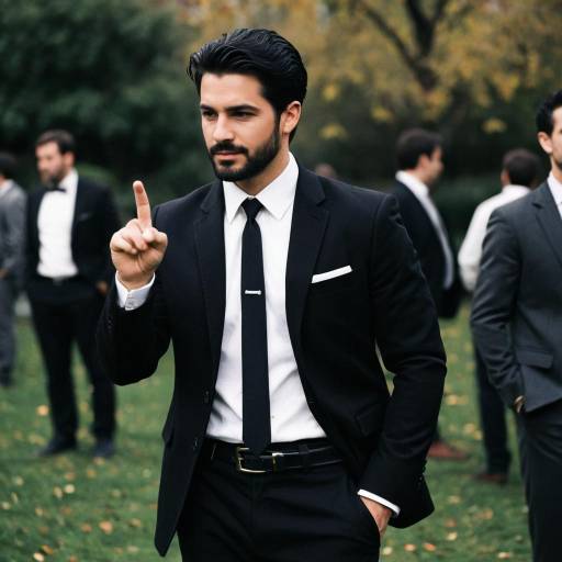 Man in Black Suit Pointing Outdoors