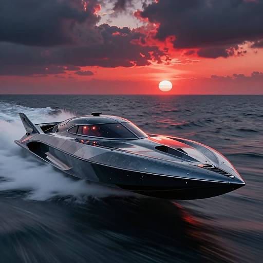 Photograph of a sleek, silver high-speed boat cutting through dark ocean waves at sunset, with vibrant red and purple clouds in the dramatic sky.