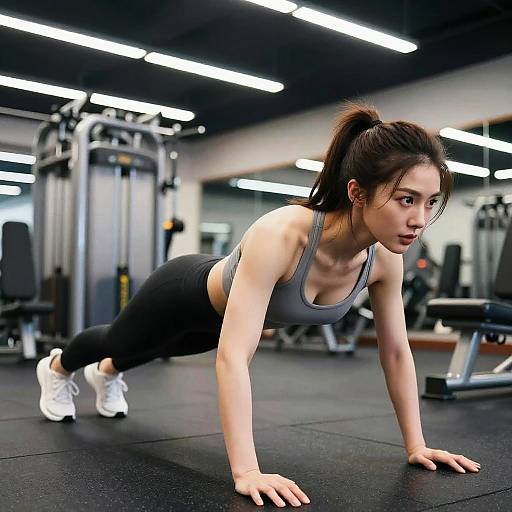 Focused Asian Woman Doing Push-Up