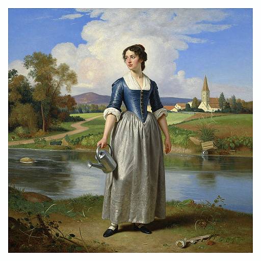 19th-century painting of a fair-skinned woman in a blue corset and gray skirt, holding a metal pitcher, standing by a serene riverside