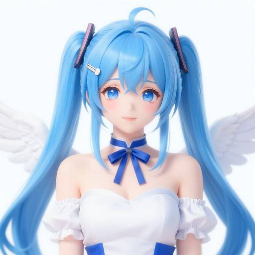 Digital anime-style portrait of a blue-haired girl with twin tails, large blue eyes, white off-shoulder top, blue ribbon, and hairpins