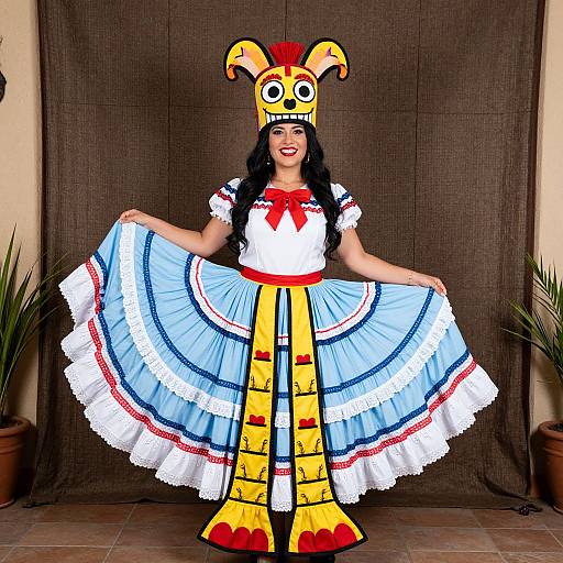 Photograph of a woman in colorful traditional Mexican costume with a yellow headdress, white blouse, blue skirt, and red accents, smiling and holding out