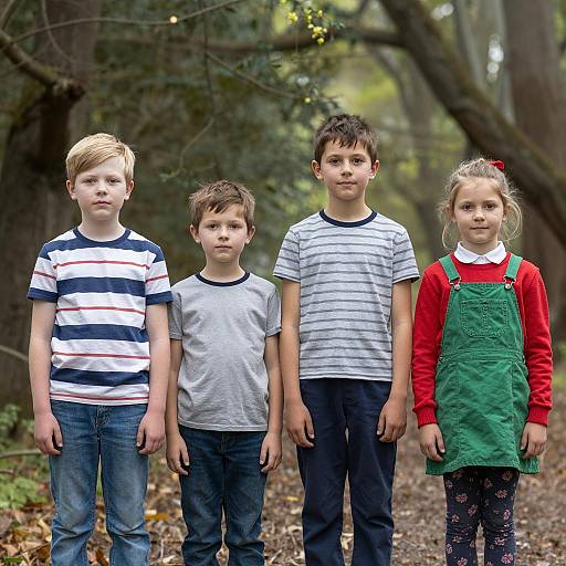 Four children standing in wooded area