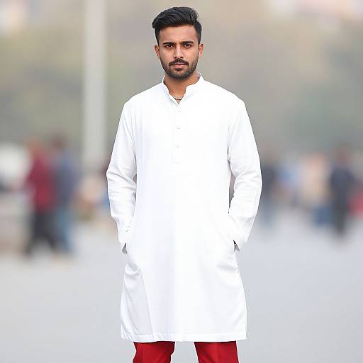 Photograph of a bearded man with dark hair, wearing a white long shirt and red pants, standing outdoors with a blurred background of people and trees